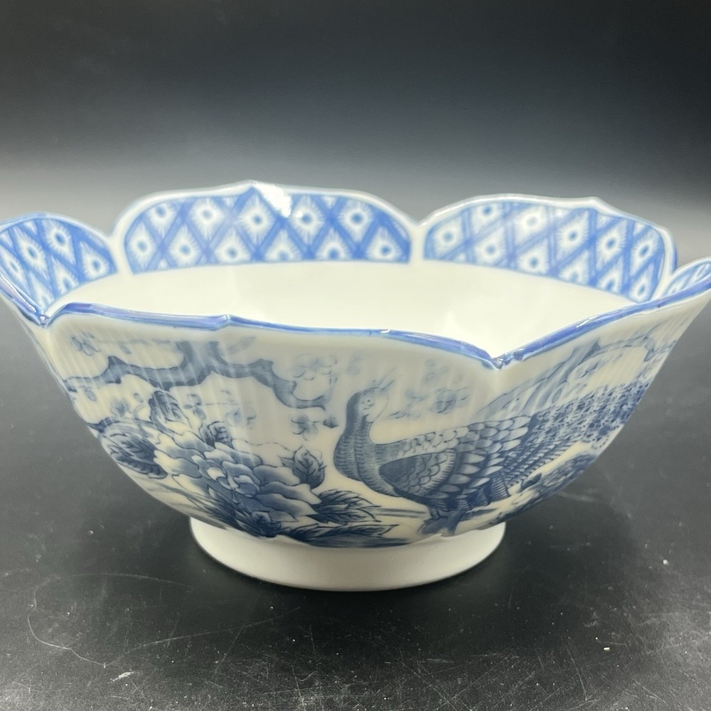 Vintage Japanese Rice Bowl Ceramic Blue White Peacock 7x3"